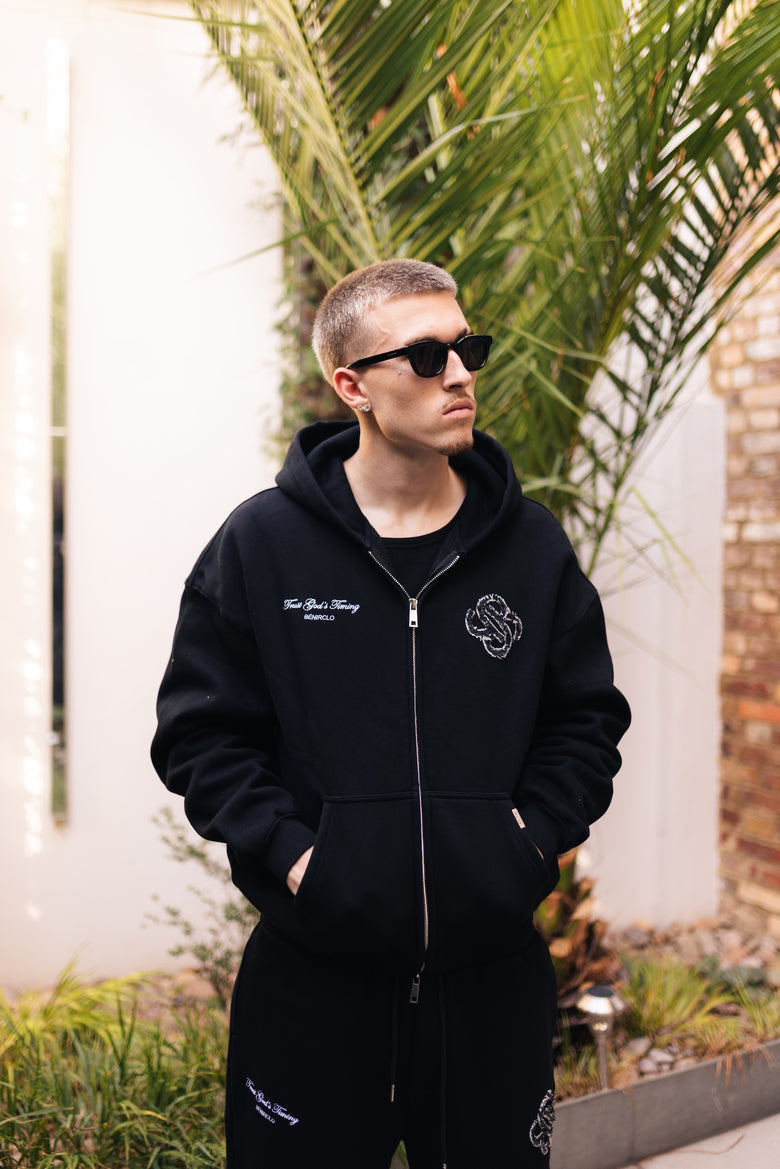 God's Timing Distressed Zip Hoodie - Black