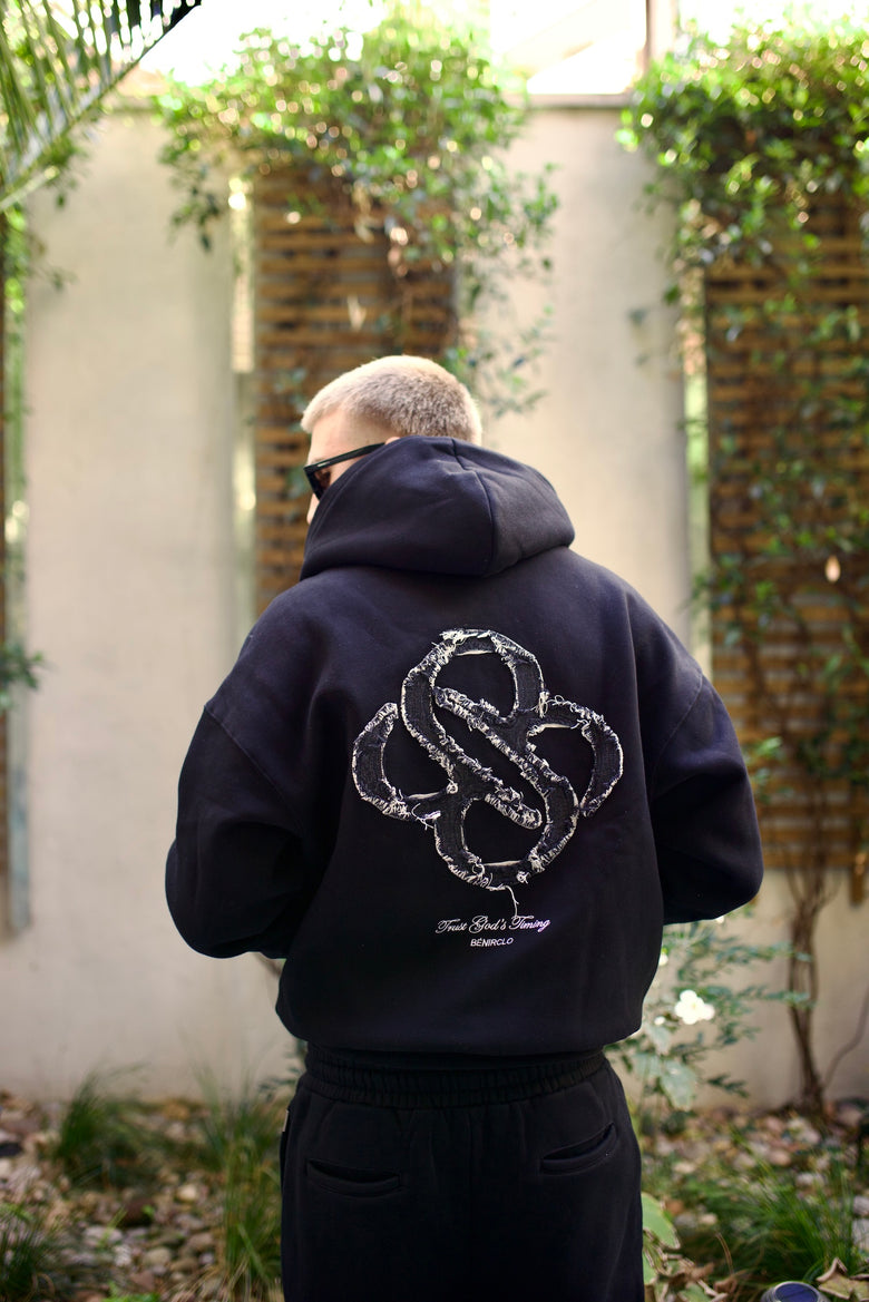 God's Timing Distressed Zip Hoodie - Black