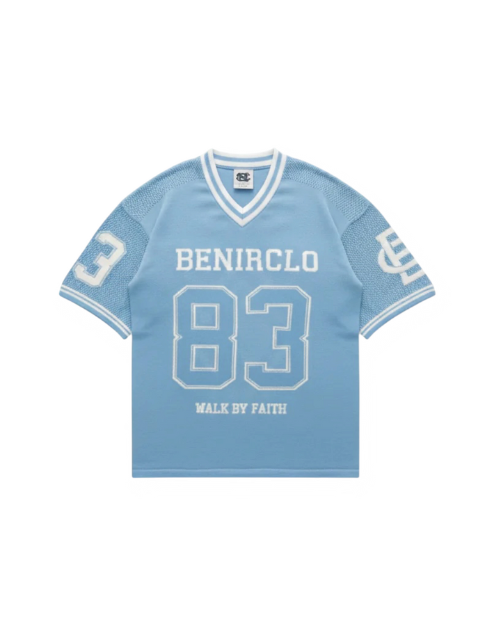 Benir Clothing light blue knit jersey featuring number 83, white striped V-neck, and Walk By Faith text.